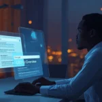 Jeune entrepreneur africain comparant le GEO et le SEO sur deux écrans holographiques pour percer les AI Overviews de Google en 2026 à Abidjan