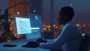 Jeune entrepreneur africain comparant le GEO et le SEO sur deux écrans holographiques pour percer les AI Overviews de Google en 2026 à Abidjan