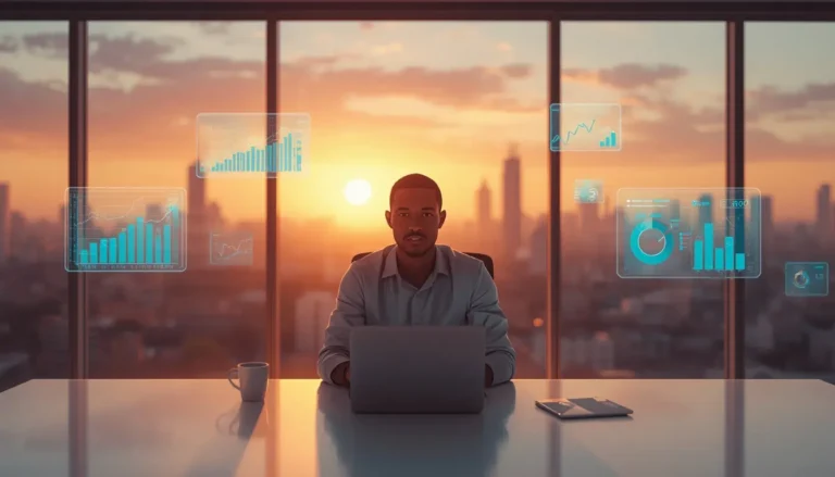 Jeune professionnel africain investissant dans les startups africaines via Antler Africa devant des écrans de données financières