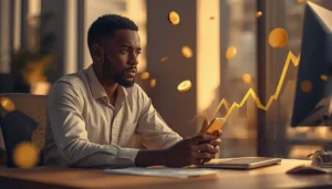 Jeune investisseur ivoirien consultant le cours de l'or papier sur son téléphone pour protéger son épargne FCFA de l'inflation