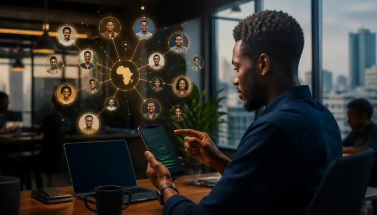Investisseur africain utilisant une plateforme de peer-to-peer lending sur smartphone pour prêter à des freelances africains et viser 15% de rendement annuel