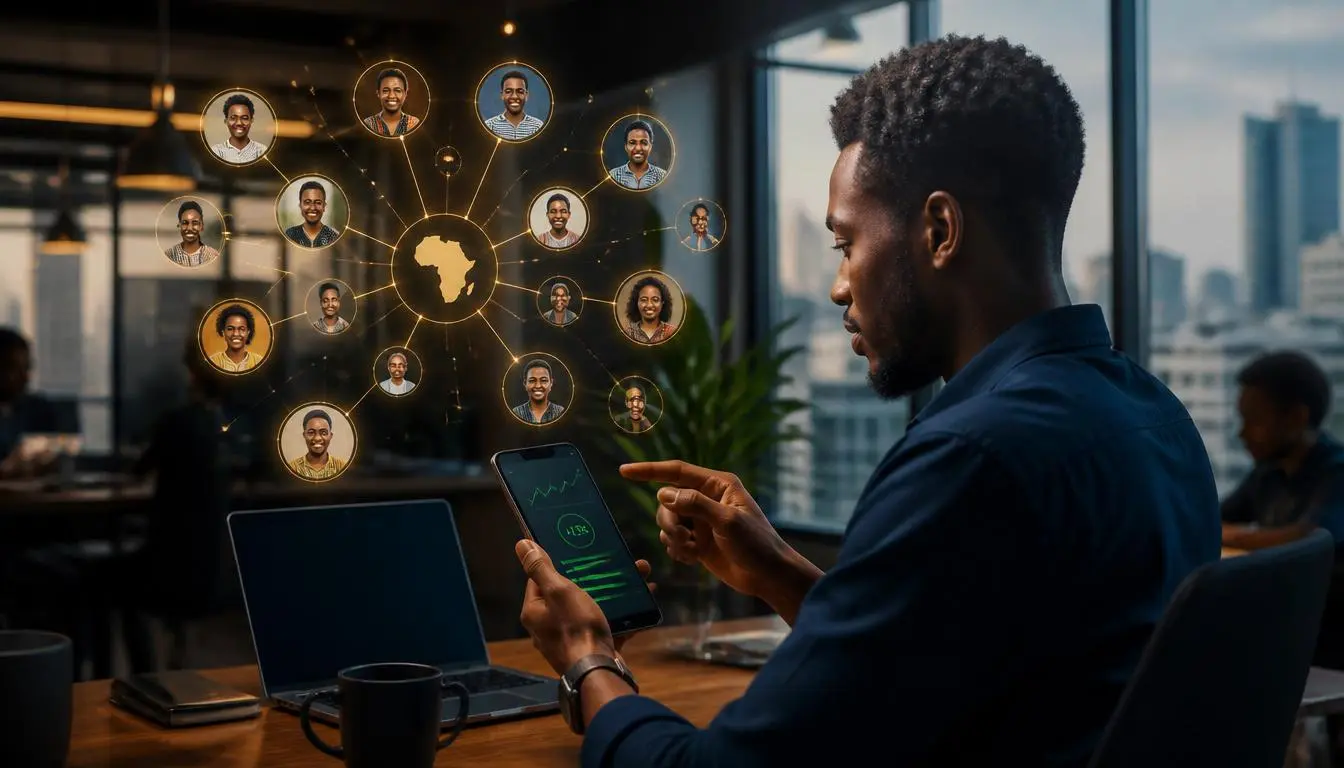 Investisseur africain utilisant une plateforme de peer-to-peer lending sur smartphone pour prêter à des freelances africains et viser 15% de rendement annuel