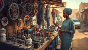 Vendeur de pièces détachées motos au Niger présentant son stock acheté via Jumia Nigeria