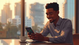 Jeune investisseur ivoirien consultant son portefeuille REIT immobilier virtuel sur smartphone dans un café moderne d'Abidjan
