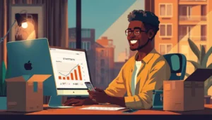 Jeune entrepreneur ivoirien gérant sa boutique TikTok Shop depuis Abidjan avec des produits commandés sur Amazon US