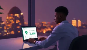 Jeune homme à Abidjan consultant son rendement USDC sur Binance avec un APY à 10% affiché sur son écran