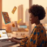 Jeune femme africaine vendant ses créations locales sur Etsy depuis son ordinateur portable pour gagner 180k FCFA par mois sans stock