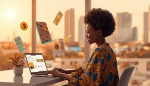 Jeune femme africaine vendant ses créations locales sur Etsy depuis son ordinateur portable pour gagner 180k FCFA par mois sans stock