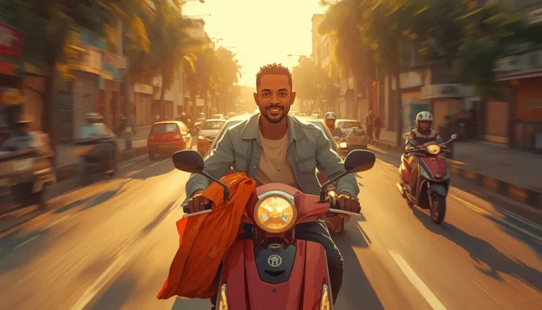 Jeune livreur sénégalais sur moto dans les rues de Dakar pour son business de livraison rapide à 120 000 FCFA par mois
