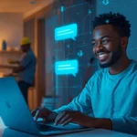 Jeune entrepreneur africain configurant un chatbot IA rénovation pour artisans depuis son appartement à Abidjan