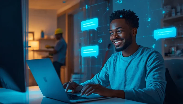 Jeune entrepreneur africain configurant un chatbot IA rénovation pour artisans depuis son appartement à Abidjan