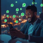 Jeune entrepreneur africain qui utilise un chatbot WhatsApp automation pour répondre à ses clients 24h/24 depuis Abidjan