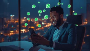 Jeune entrepreneur africain qui utilise un chatbot WhatsApp automation pour répondre à ses clients 24h/24 depuis Abidjan