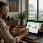 Coach Excel freelance en Côte d'Ivoire animant une session de formation en ligne sur Excel depuis Abidjan pour atteindre 200 000 FCFA par mois