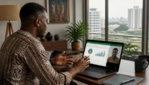 Coach Excel freelance en Côte d'Ivoire animant une session de formation en ligne sur Excel depuis Abidjan pour atteindre 200 000 FCFA par mois