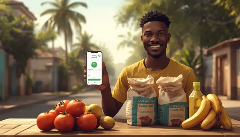 Jeune homme à Abidjan utilisant une app de commande groupée d'épicerie sur smartphone avec des courses locales