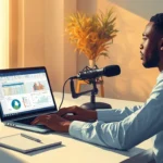 Jeune homme africain enregistrant un cours vidéo Excel depuis son bureau à Abidjan pour générer 180 000 FCFA par mois