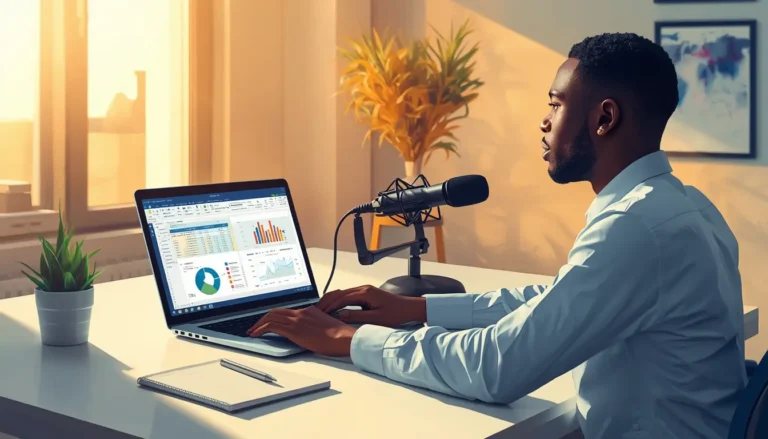 Jeune homme africain enregistrant un cours vidéo Excel depuis son bureau à Abidjan pour générer 180 000 FCFA par mois