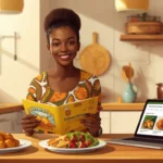 Jeune femme ivoirienne tenant un ebook de recettes locales CI dans une cuisine moderne d'Abidjan, avec des plats traditionnels autour d'elle
