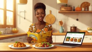 Jeune femme ivoirienne tenant un ebook de recettes locales CI dans une cuisine moderne d'Abidjan, avec des plats traditionnels autour d'elle