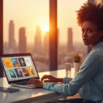 Jeune freelance africaine créant des brochures avec un générateur IA sur son laptop pour facturer 100k FCFA par projet