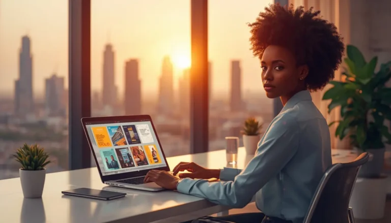 Jeune freelance africaine créant des brochures avec un générateur IA sur son laptop pour facturer 100k FCFA par projet