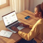 Jeune femme ivoirienne gérant plusieurs comptes Instagram pour des marques depuis son bureau à Abidjan pour atteindre 180 000 FCFA par mois