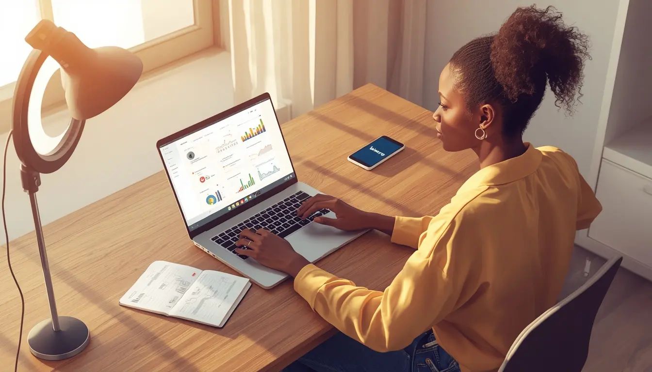 Jeune femme ivoirienne gérant plusieurs comptes Instagram pour des marques depuis son bureau à Abidjan pour atteindre 180 000 FCFA par mois