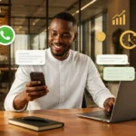Entrepreneur ivoirien utilisant l'IA chat sur son téléphone pour automatiser les messages de sa PME à Abidjan
