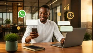 Entrepreneur ivoirien utilisant l'IA chat sur son téléphone pour automatiser les messages de sa PME à Abidjan