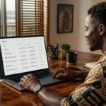 Freelance africain gérant ses factures clients à l'IA depuis son bureau à Abidjan — outils IA pour factures automatisées en FCFA