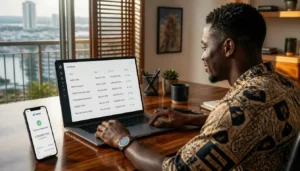 Freelance africain gérant ses factures clients à l'IA depuis son bureau à Abidjan — outils IA pour factures automatisées en FCFA