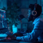 Jeune freelance africain créant du sound design IA pour des publicités vidéo sur son ordinateur à Abidjan