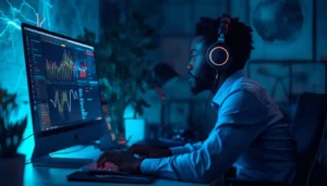 Jeune freelance africain créant du sound design IA pour des publicités vidéo sur son ordinateur à Abidjan