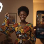 Jeune femme ivoirienne animant un live TikTok de vente de fringues depuis son domicile avec un ring light