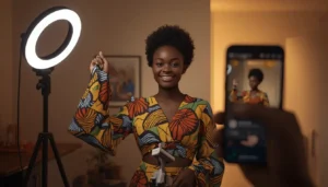 Jeune femme ivoirienne animant un live TikTok de vente de fringues depuis son domicile avec un ring light