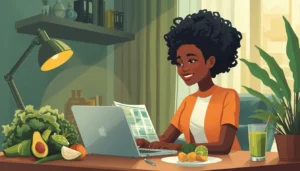 nutritionniste en ligne en Côte d'Ivoire consultant un programme nutrition sur son ordinateur avec des aliments sains locaux