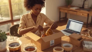 Jeune femme ivoirienne préparant un colis de produits locaux africains pour la diaspora, packaging professionnel à Abidjan