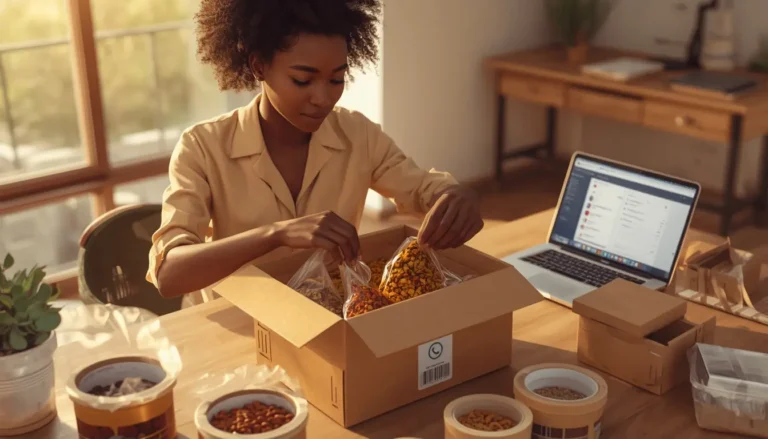 Jeune femme ivoirienne préparant un colis de produits locaux africains pour la diaspora, packaging professionnel à Abidjan