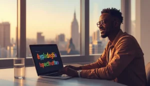 Jeune entrepreneur africain créant et vendant des fonts digitaux depuis son appartement pour générer 100 000 FCFA par mois