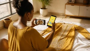 Vendeuse à Abidjan photographiant une marocaine brodée pour son compte Instagram Shopping avec paiement Wave