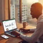Jeune homme ivoirien en train de vendre des templates Excel depuis son appartement à Abidjan avec encaissement Wave