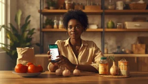 Jeune femme ivoirienne gérant une vente groupée épicerie sur WhatsApp depuis son domicile à Abidjan