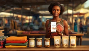 Jeune vendeuse ivoirienne utilisant le catalogue WhatsApp Business pour vendre ses produits locaux : pagnes, karité et noix de cajou