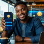 jeune ivoirien achetant du Bitcoin avec Wave mobile money en Afrique depuis son smartphone