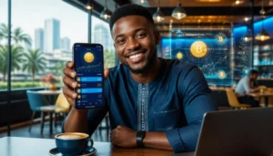 jeune ivoirien achetant du Bitcoin avec Wave mobile money en Afrique depuis son smartphone
