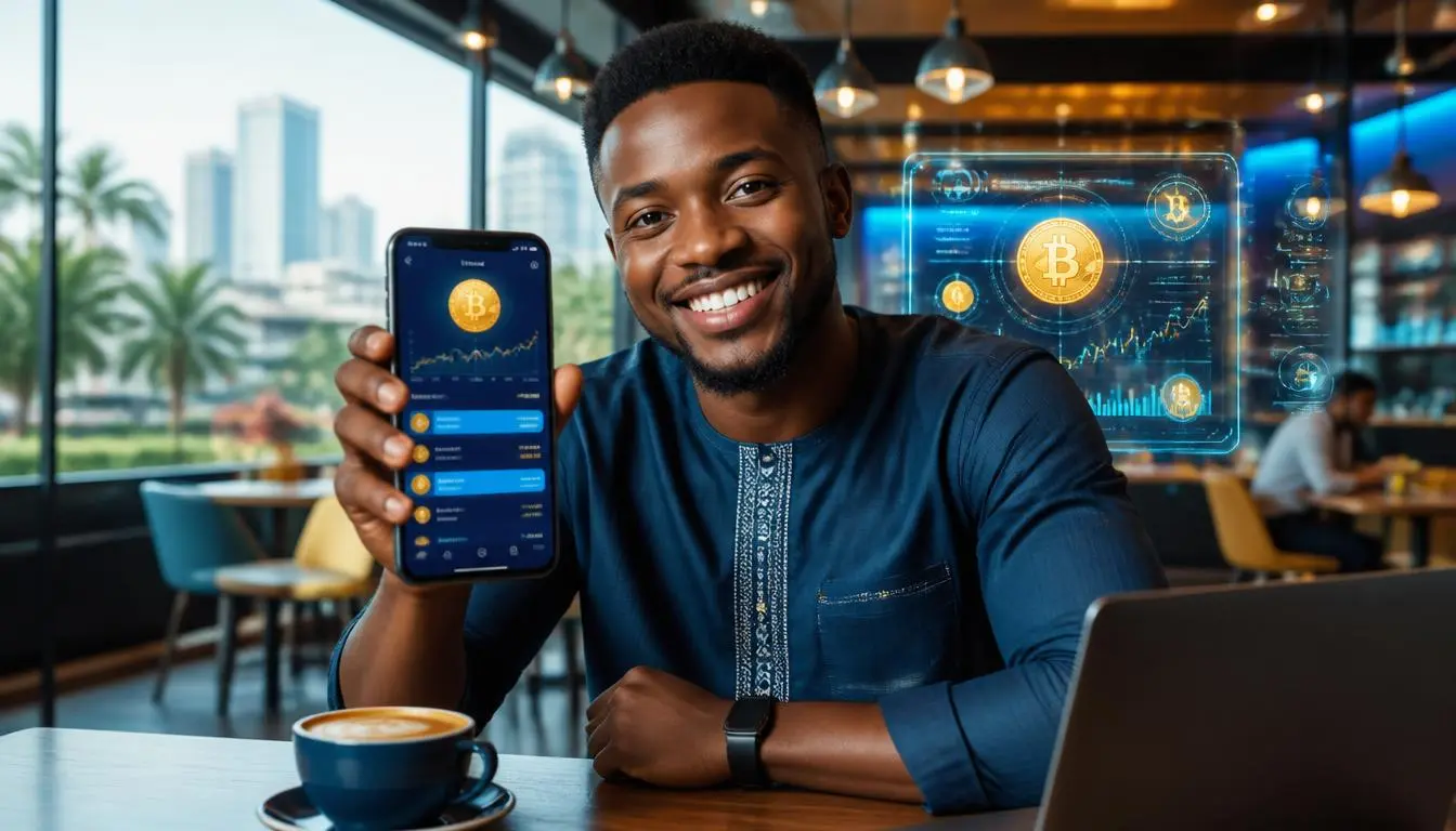 jeune ivoirien achetant du Bitcoin avec Wave mobile money en Afrique depuis son smartphone