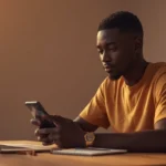 Jeune entrepreneur africain utilisant une application prise de notes sur smartphone depuis son bureau à Abidjan