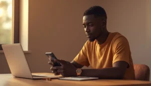 Jeune entrepreneur africain utilisant une application prise de notes sur smartphone depuis son bureau à Abidjan