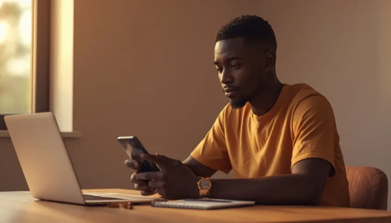 Jeune entrepreneur africain utilisant une application prise de notes sur smartphone depuis son bureau à Abidjan